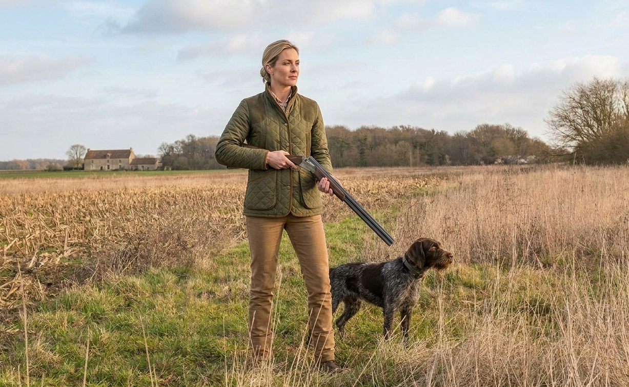 Chasseur posté avec son chien. Chasse à la journée.